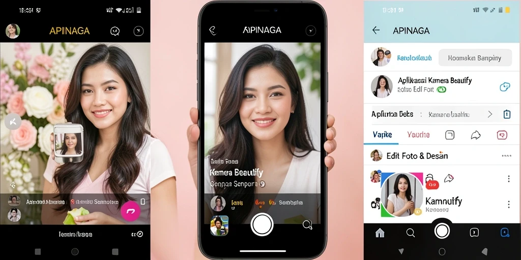 Antarmuka aplikasi APINAGA untuk editing foto dengan fitur kecantikan.